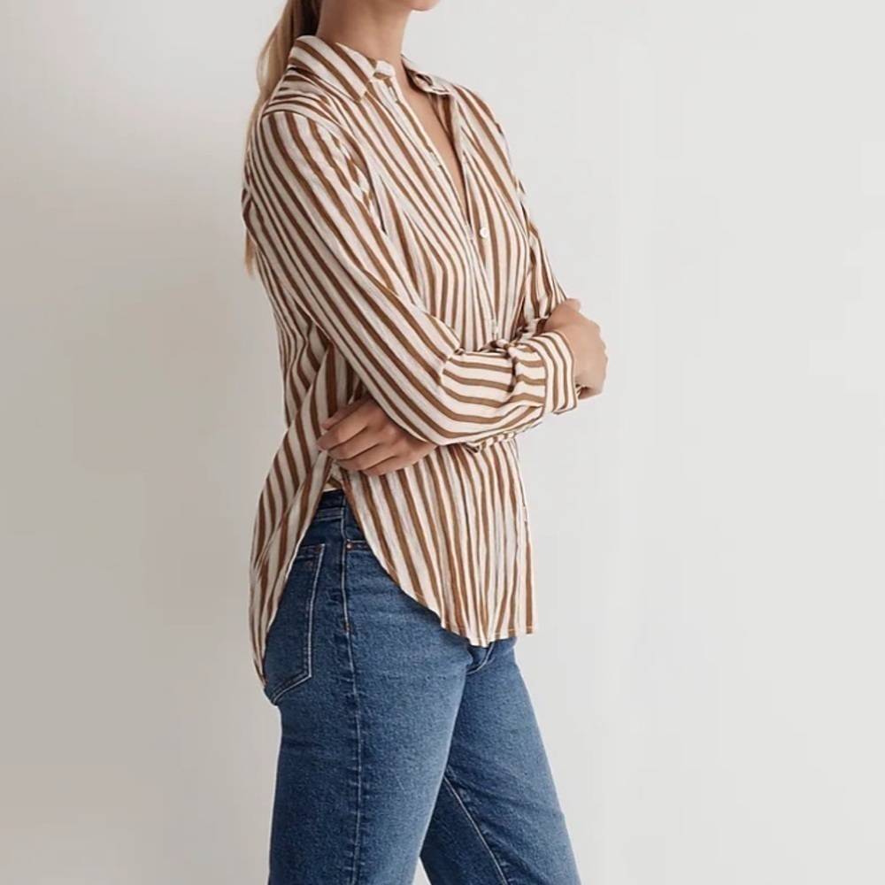 Madewell Crinkled Button Up Shirt Toffee Brown Striped XS - Picture 2 of 10